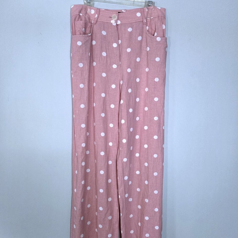 NWOT Zara Linen Blend Lightweight Pink & White Polka Dot Trousers Size S